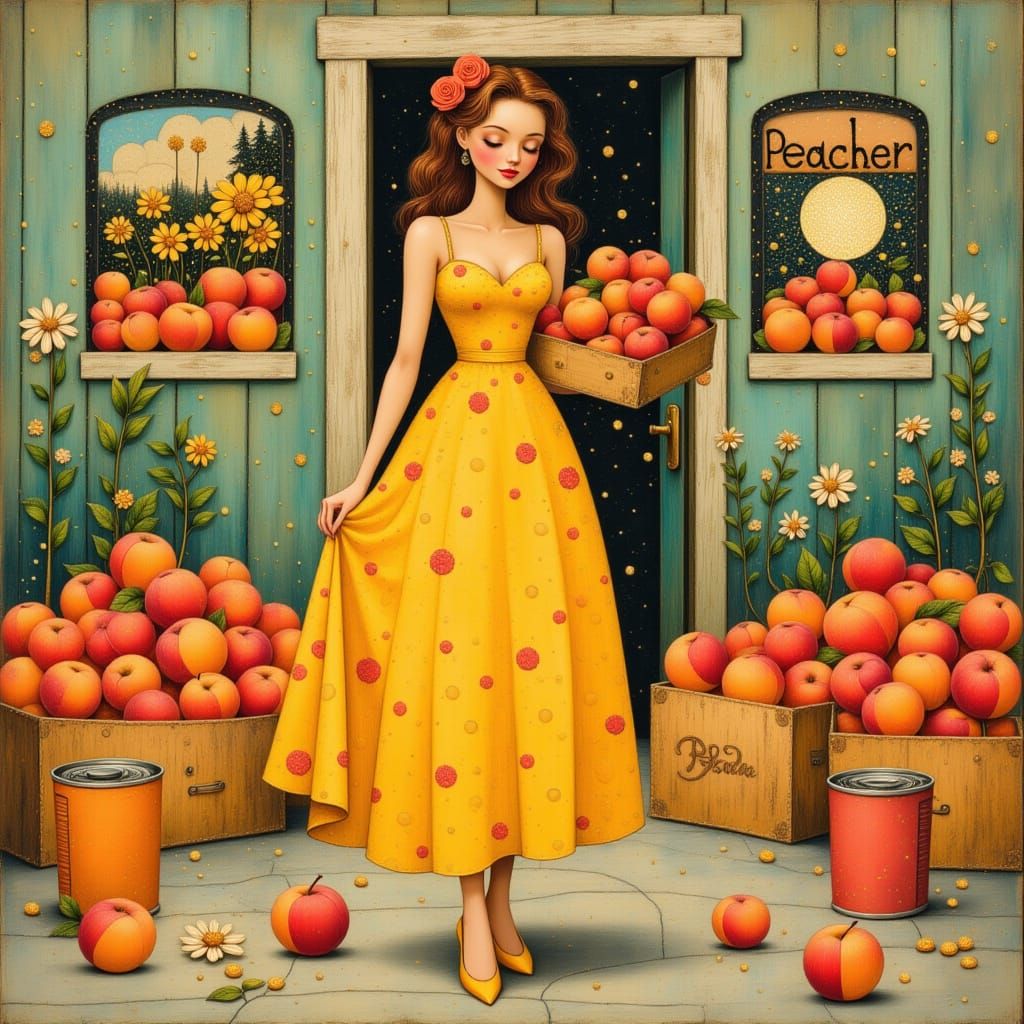 Retro Peach Factory Illustration in Americana Cartoon Style