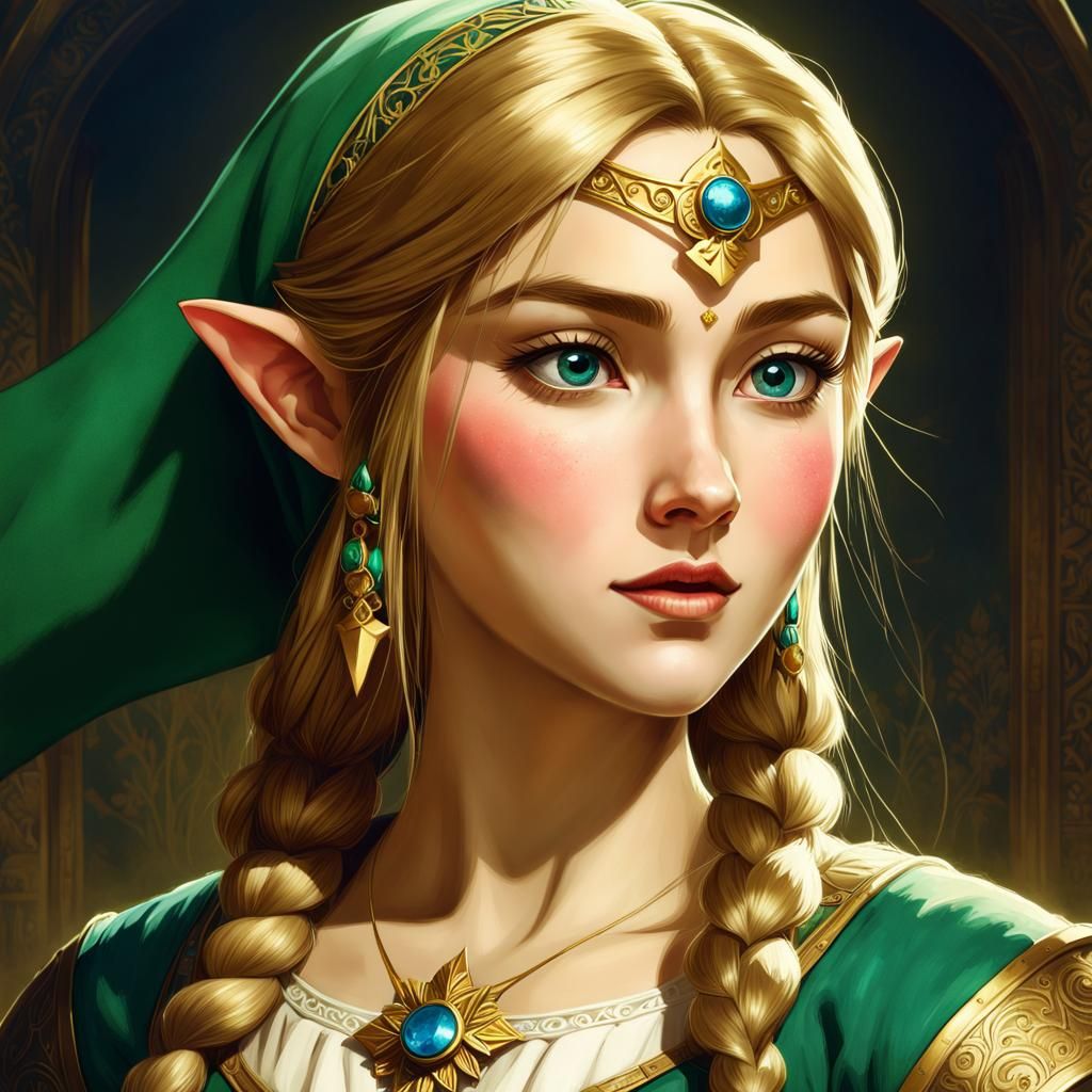 Zelda as Link: Hyperrealistic Digital Illustration