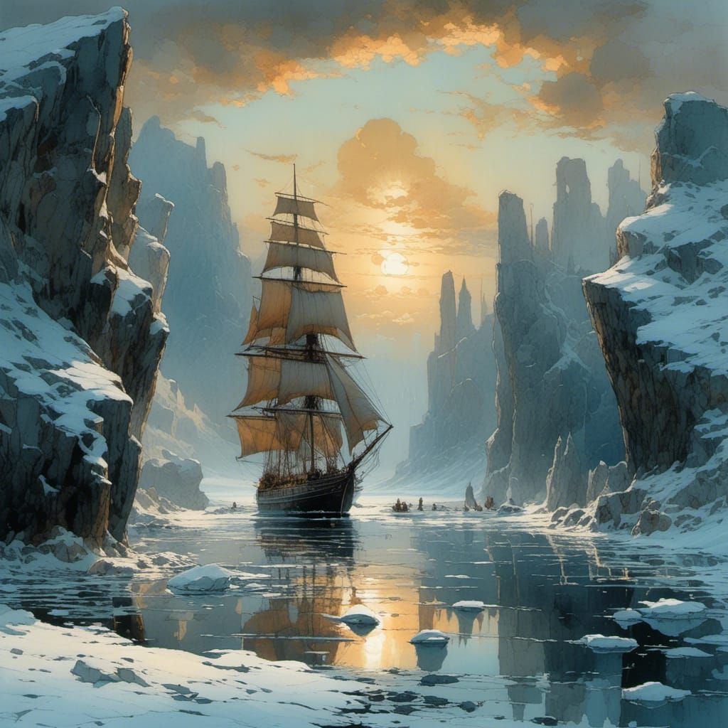 Sailing Ship at Sunset in Wild Ice Landscape