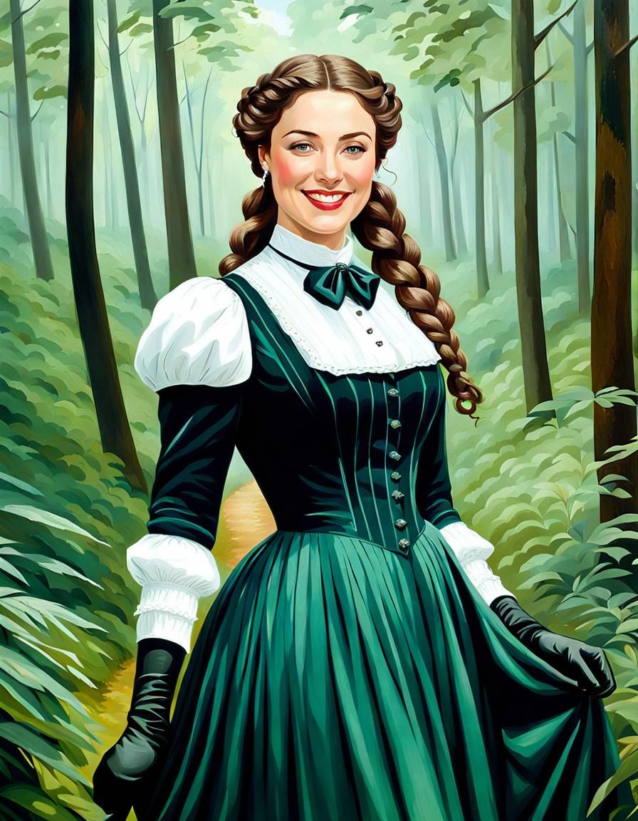 Victorian Woman in Lush Forest: Oil Painting