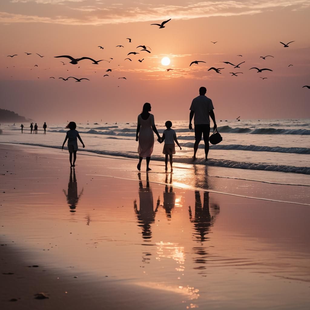 Serene Beach Sunset with Family Silhouette