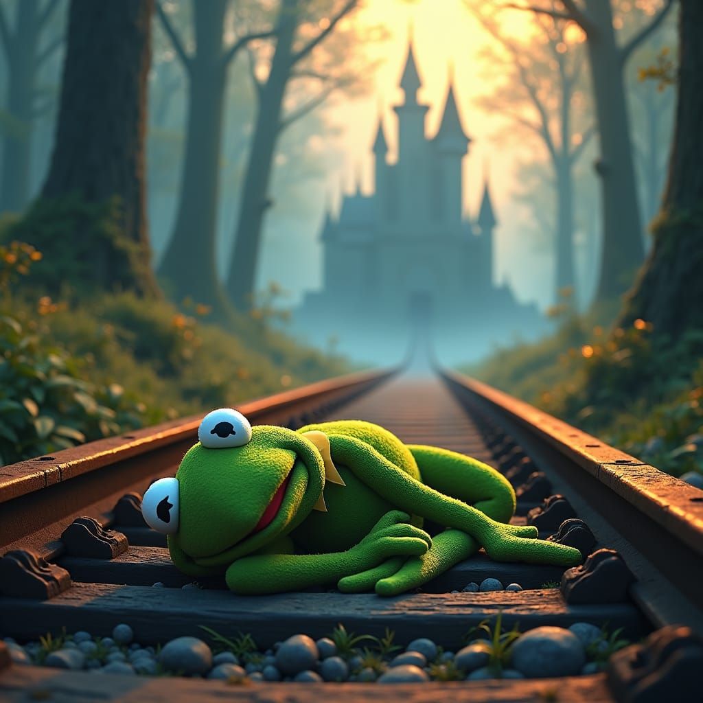 Kermit's Lament: Frog on Train Tracks in Dreamlike Landscape