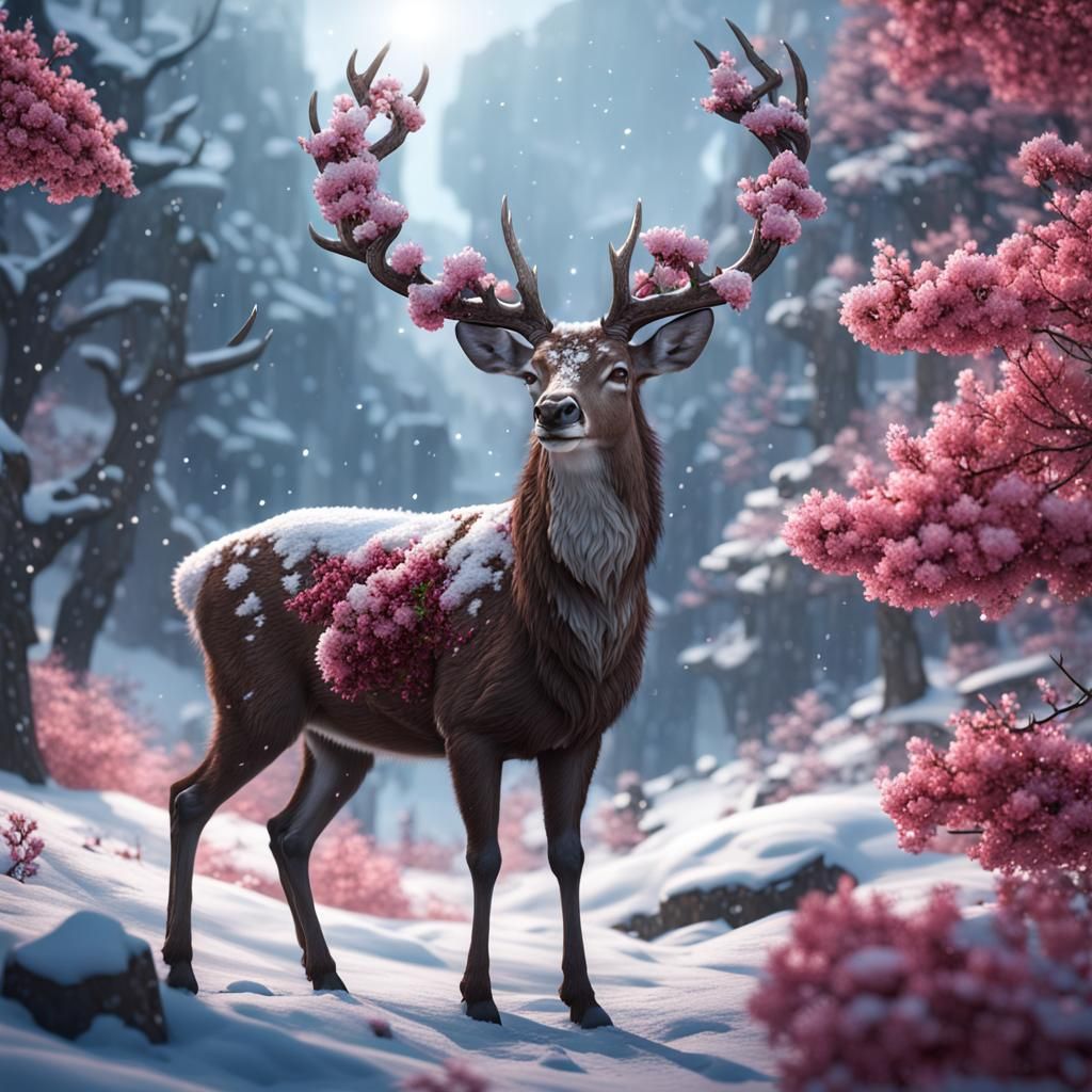 Deer in a Split Snow and Blossom Landscape