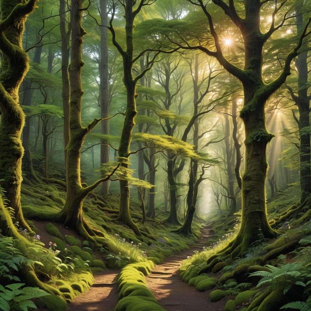 Mystical Forest Path with Sunlight