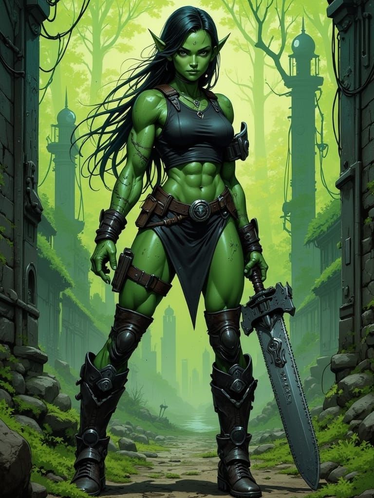 Cyborg Orc Warrior Woman with Chainsaw Sword