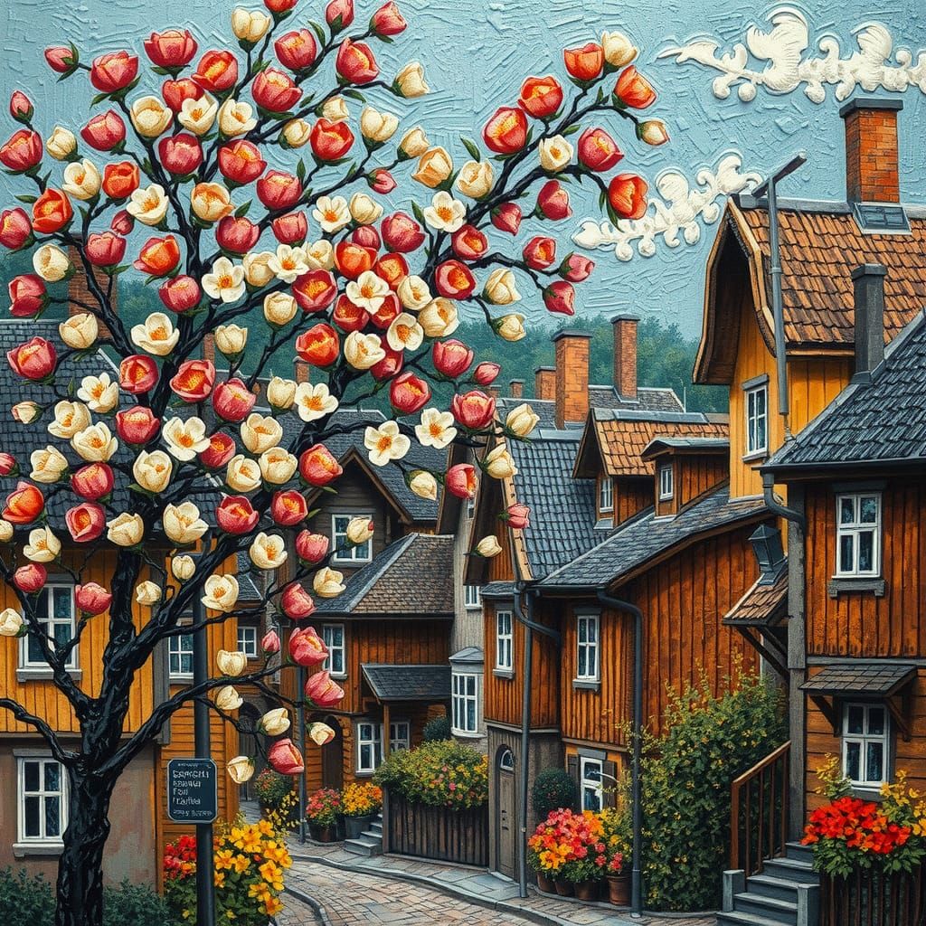 Scandinavian City in Spring: Encaustic Folk Art