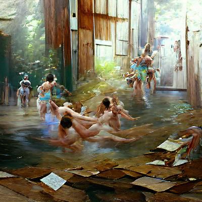 Community Bath House Frolic in Oil Painting Style