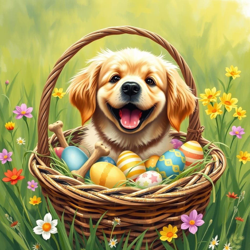Golden Retriever Surrounded by Easter Joy in a Whimsical Spr...