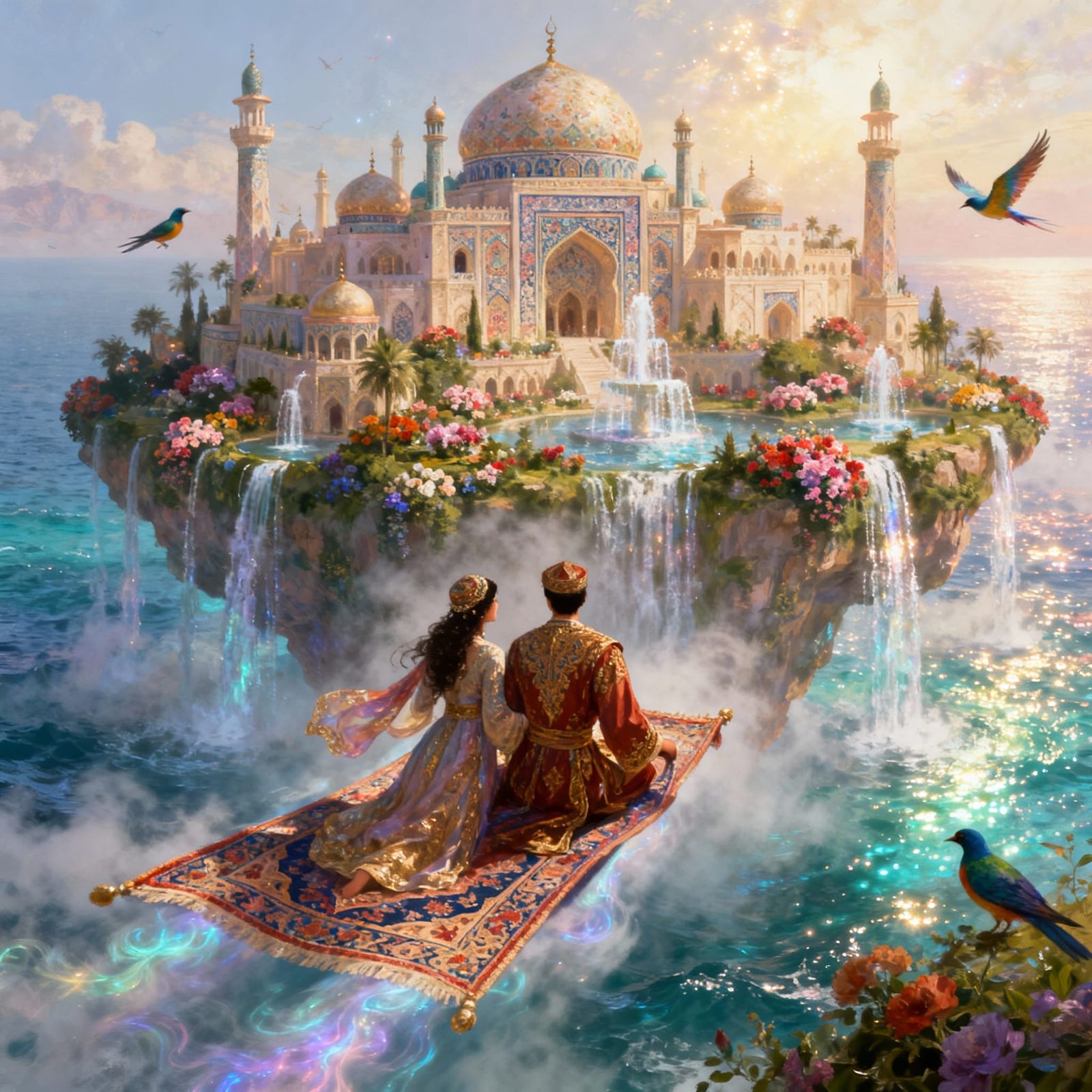 Couple on Flying Carpet to Mystical Floating Island