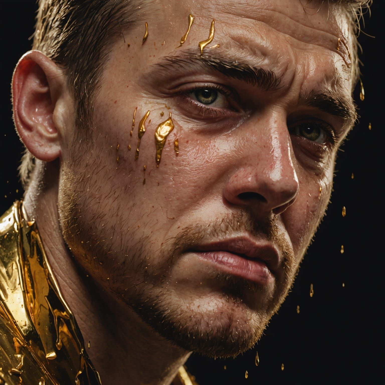 Golden-Eyed Man Crying: Hyperrealistic Concept Art