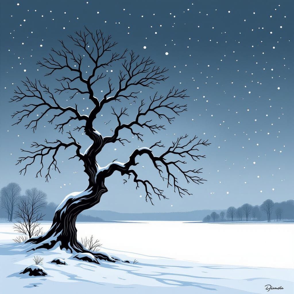 Ancient Winter Tree by Frozen Lake in Black and White Illust...
