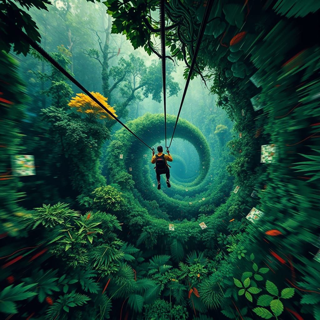 Zipliner Spiraling into Pixelated Jungle Vortex