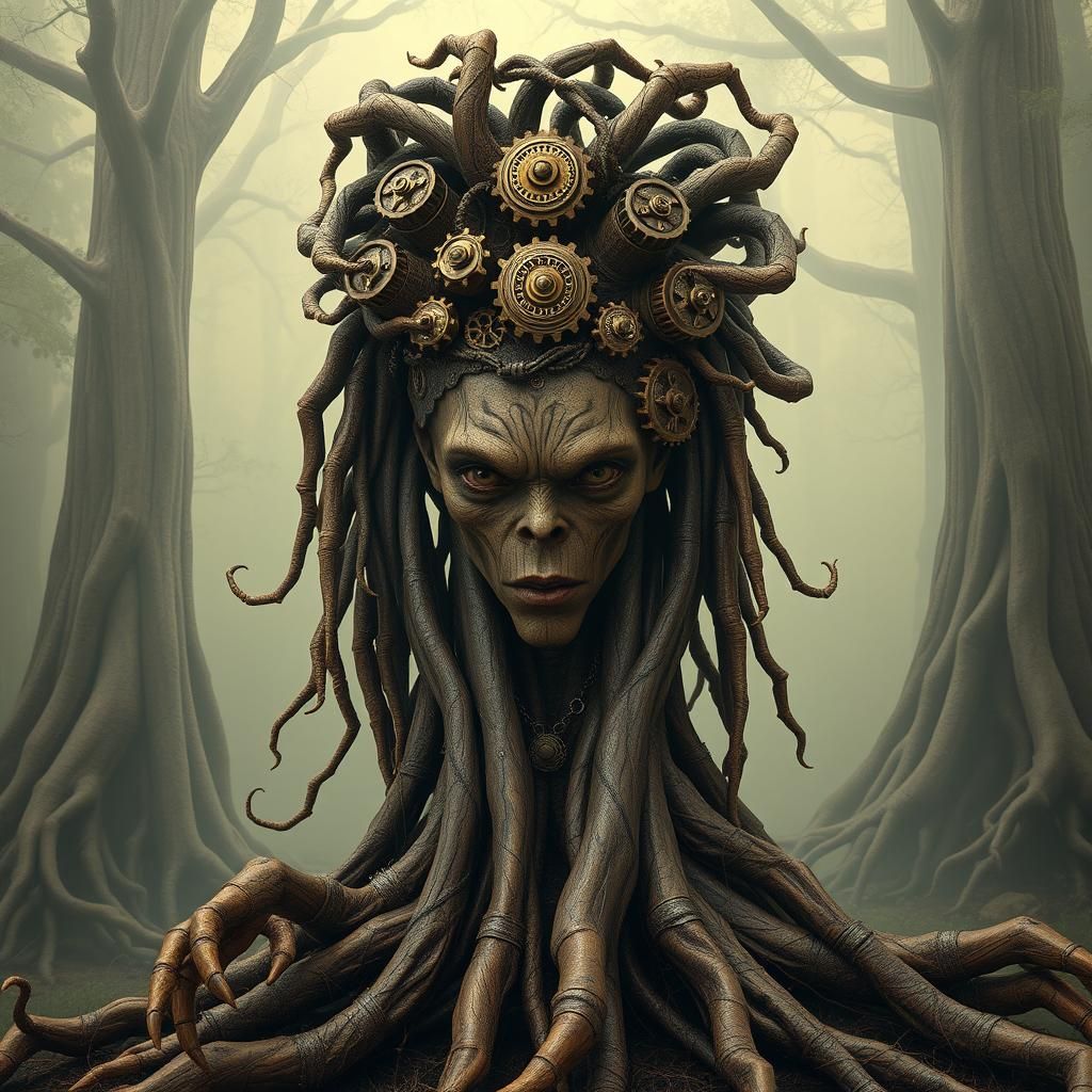 A hyper-realistic anthropomorphic root-human hybrid, steampu...