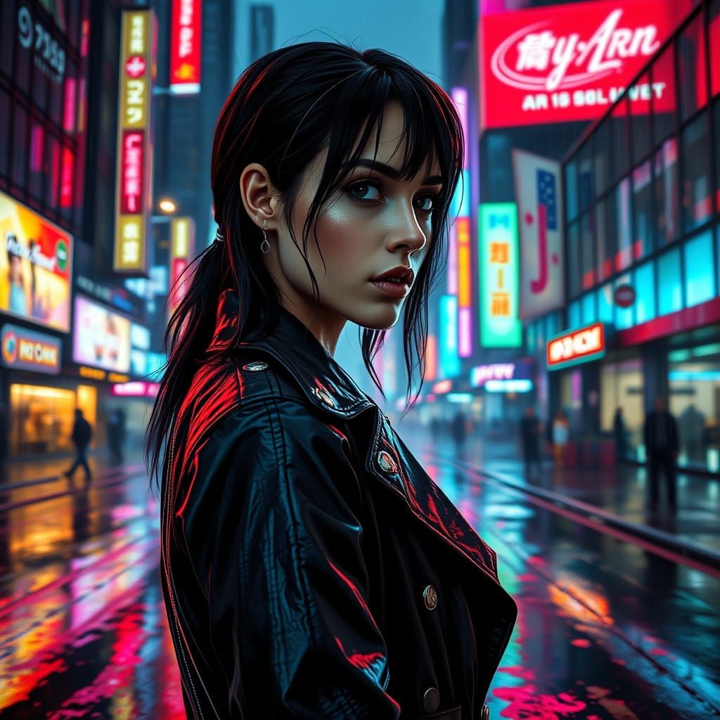 Cyberpunk Heroine in a Rainy Cityscape