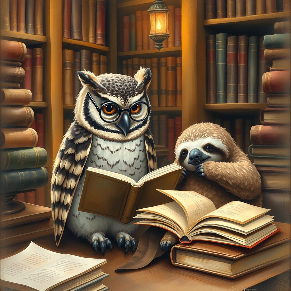 Serene Owl and Sloth in a Cozy Library Scene