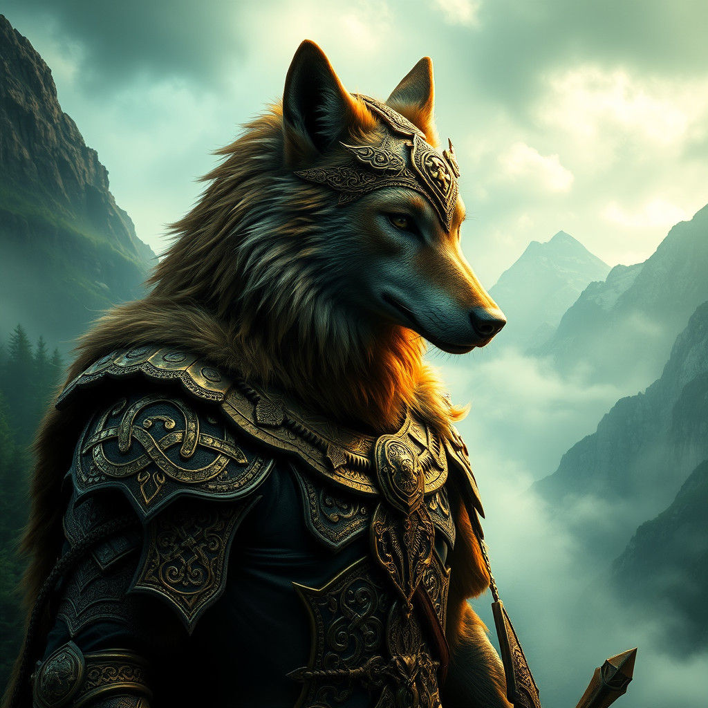 Celtic Wolf Warrior in Emerald Forest, Digital Art