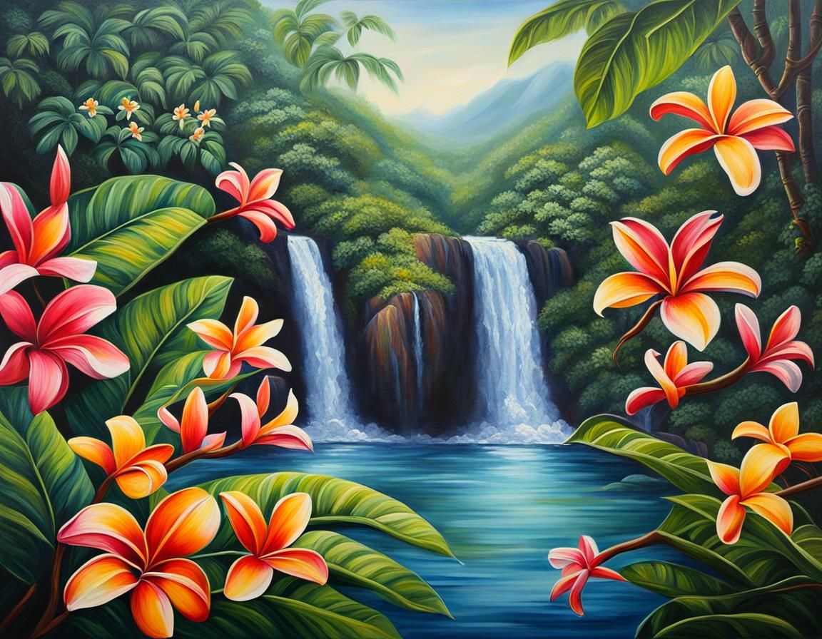 Lush Tropical Valley in Acrylic Painting Style