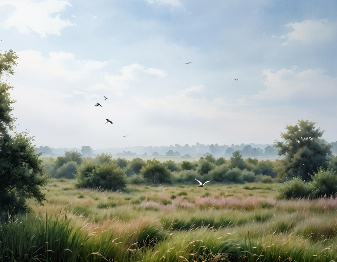 Stork in Flight: Watercolor Painting on Foggy Morning