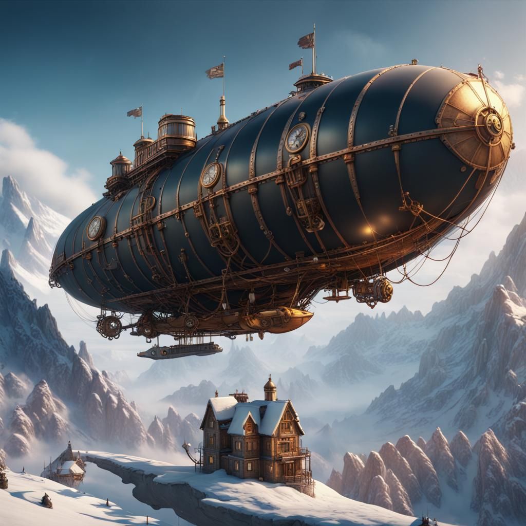 Steampunk Airship Over Winter Mountain Landscape