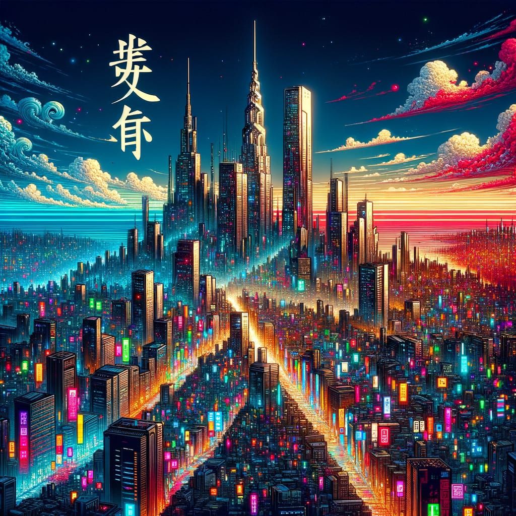 Tokyo Futurism: Vibrant Neon Cityscape with Japanese Charact...