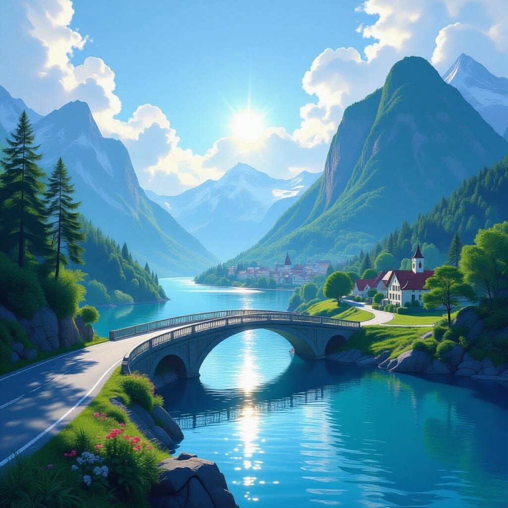 Dreamlike Daytime Landscape with Mountain, River, and City