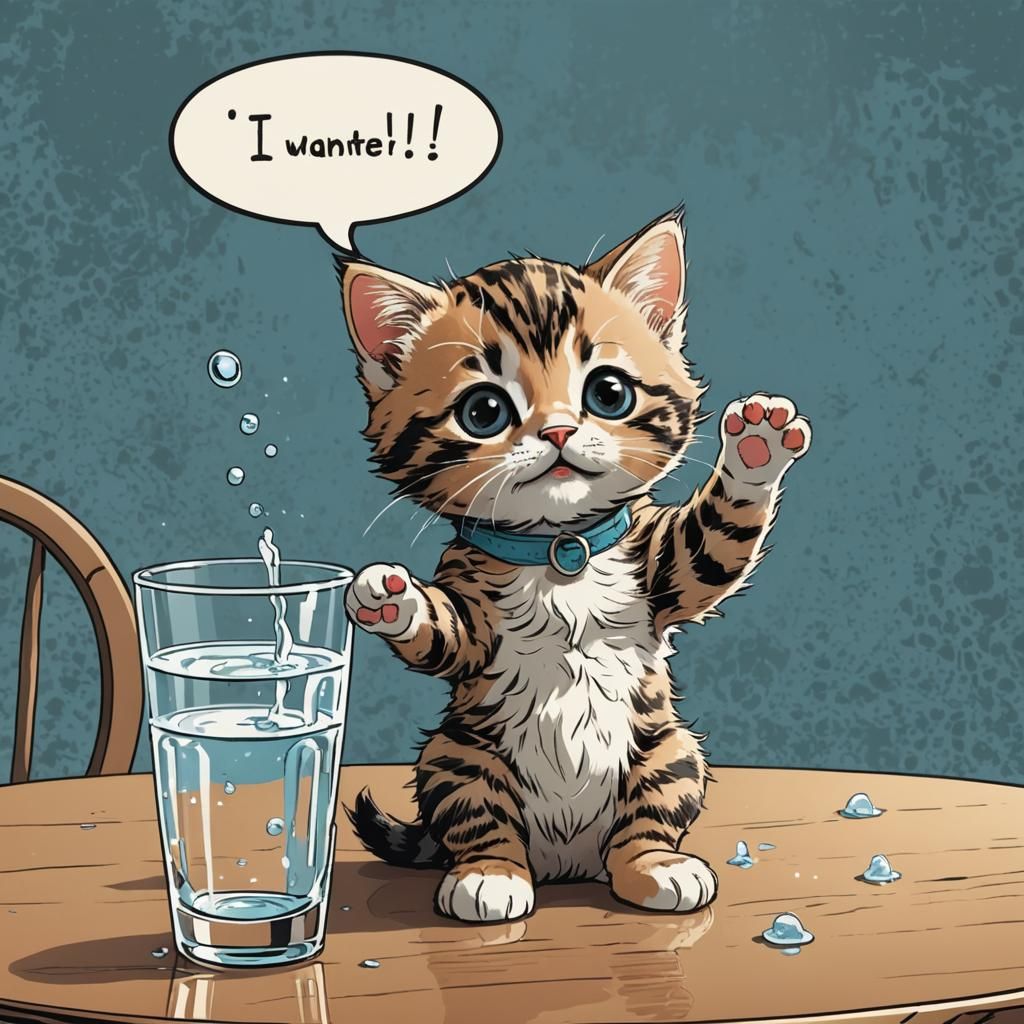 Cute Kitten's Mischief: Comic-Style Water Spill
