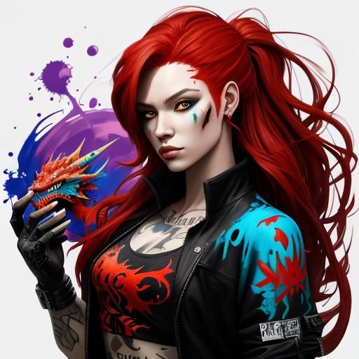 Red-Haired Girl with Dragon Tattoo in Graffiti Style