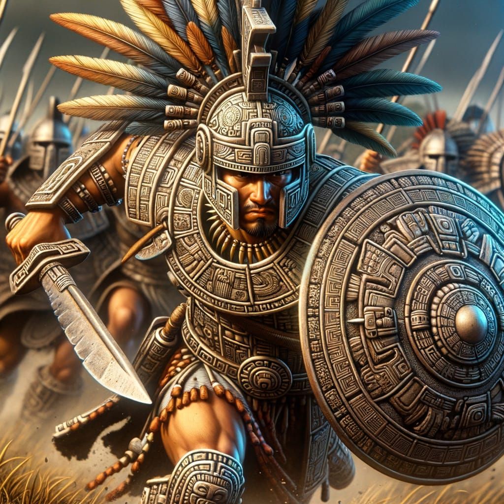 Aztec Warrior Charges into Battle with Dauntless Spirit