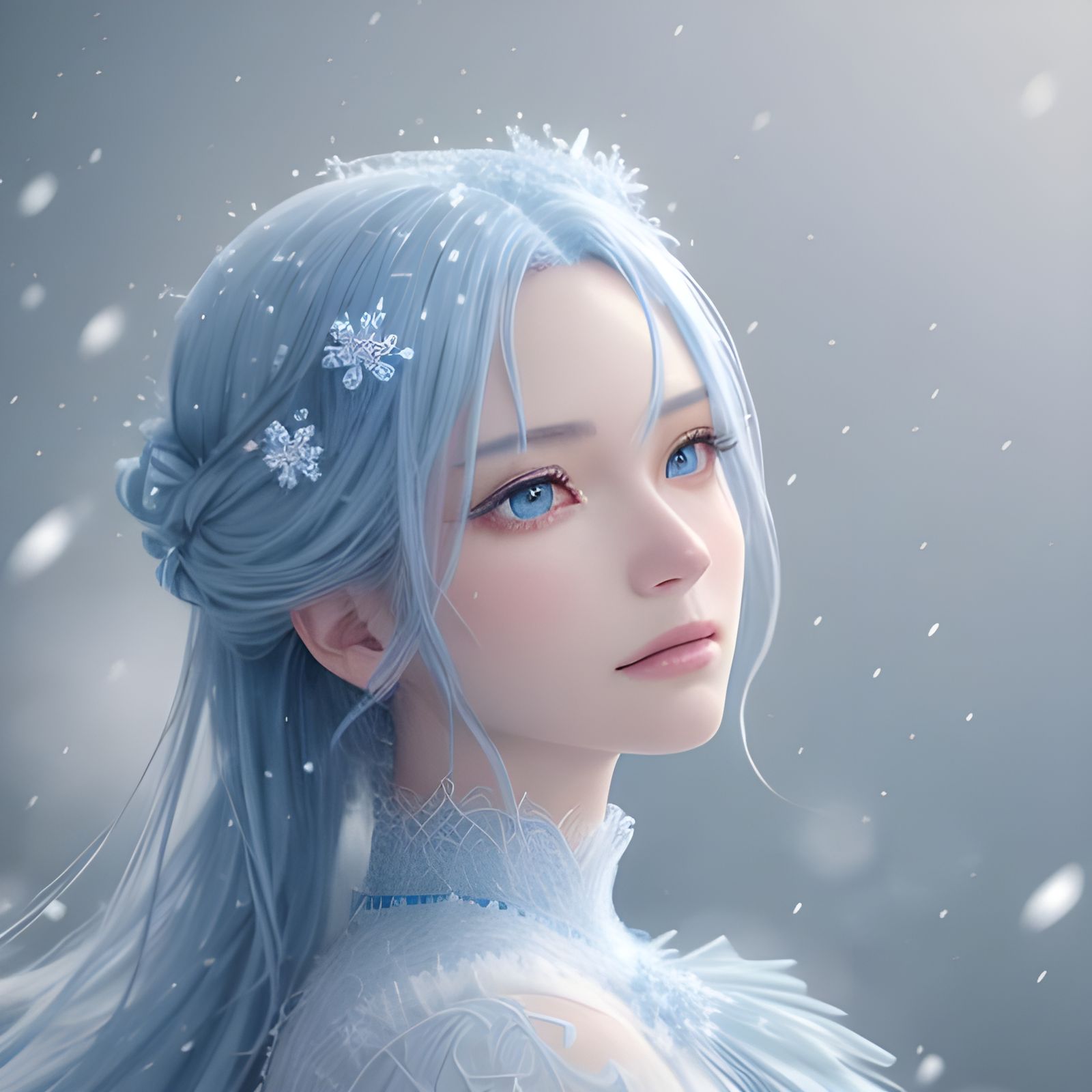 Light Blue Corn Flower in Snow, 3D Anime Art