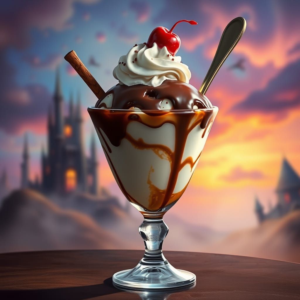 Hyperrealistic Sundae in Crystal Goblet, Fantasy Art