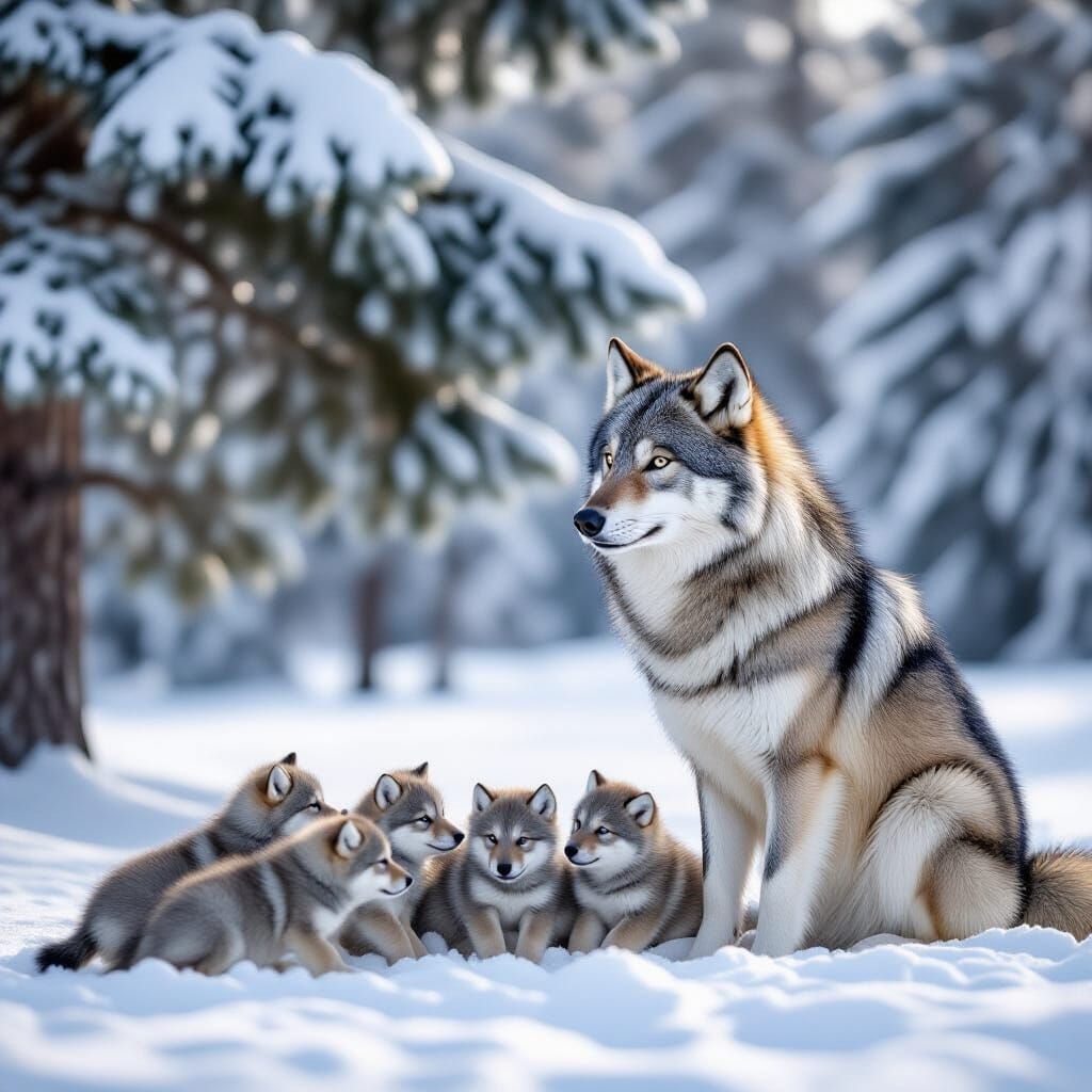 Wolf Family Frolics in Snowy Winter Landscape