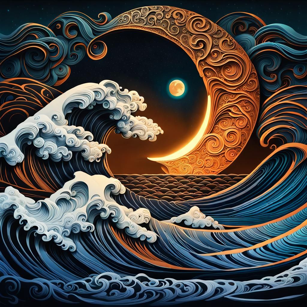 Hyperrealistic Nighttime Wave Scene with Intricate Filagree....