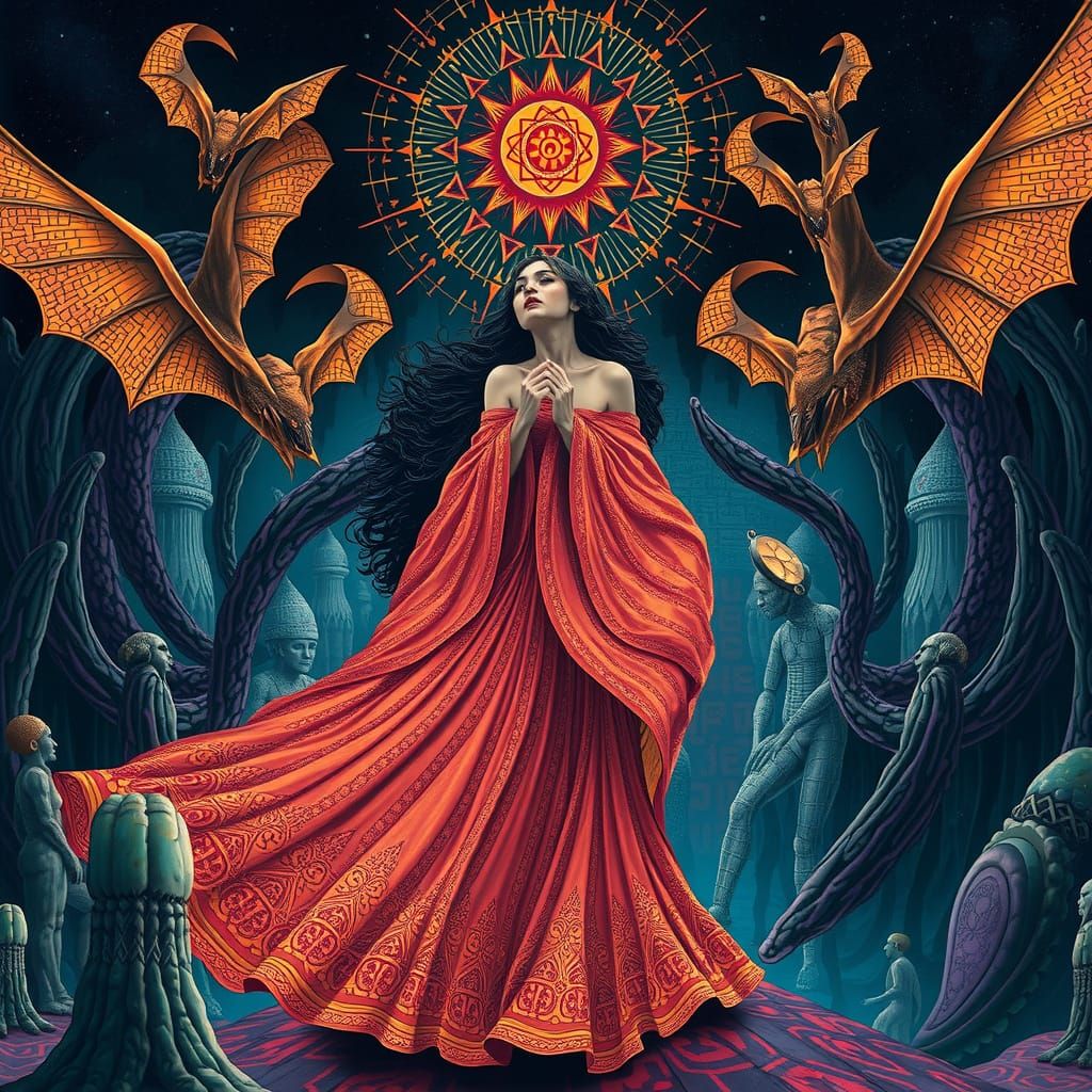 Psychedelic Woman with Bats and Mandalas in Digital Art