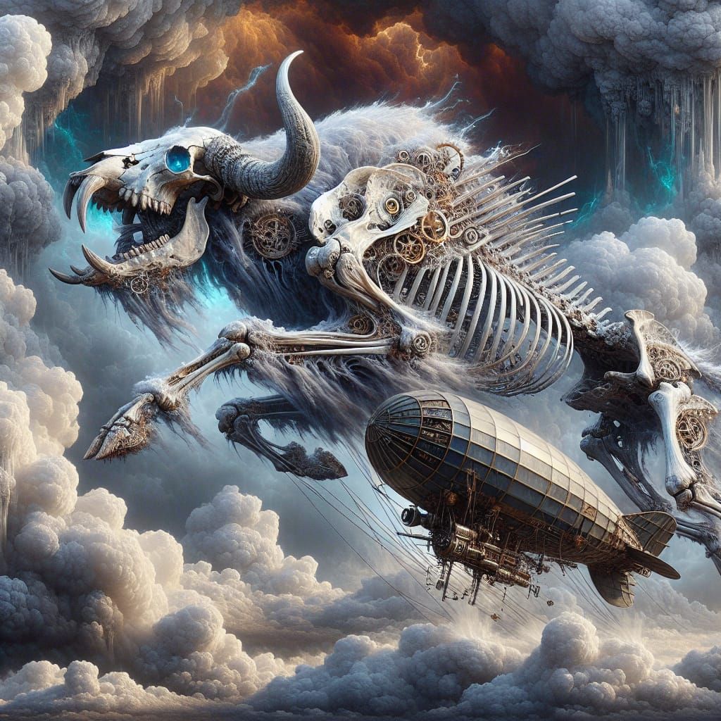 Bison Skeleton Bursts from Storm Pursuing Steampunk Blimp