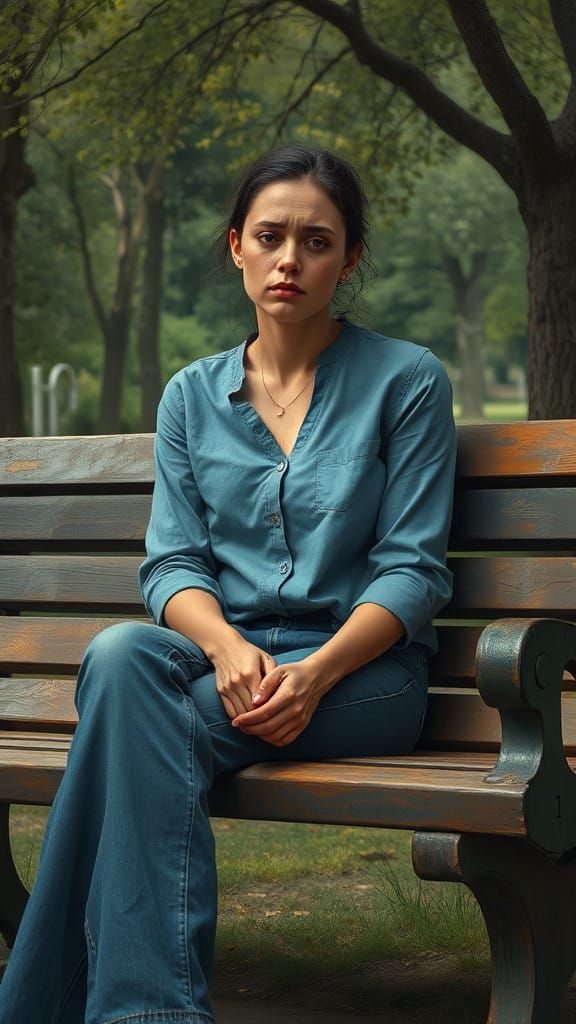 Woman with Profound Sorrow in a Somber Landscape