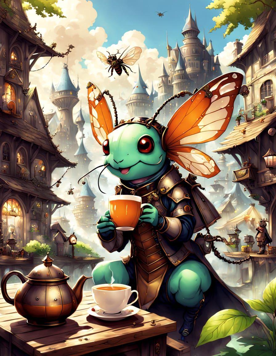 Happy Insect Enjoying Tea in Steampunk City