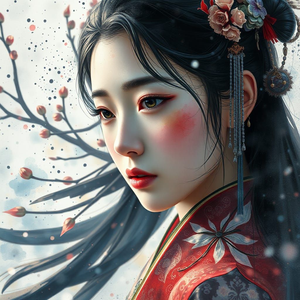 Watercolor Korean Fairytale Portrait with Volumetric Lightin...