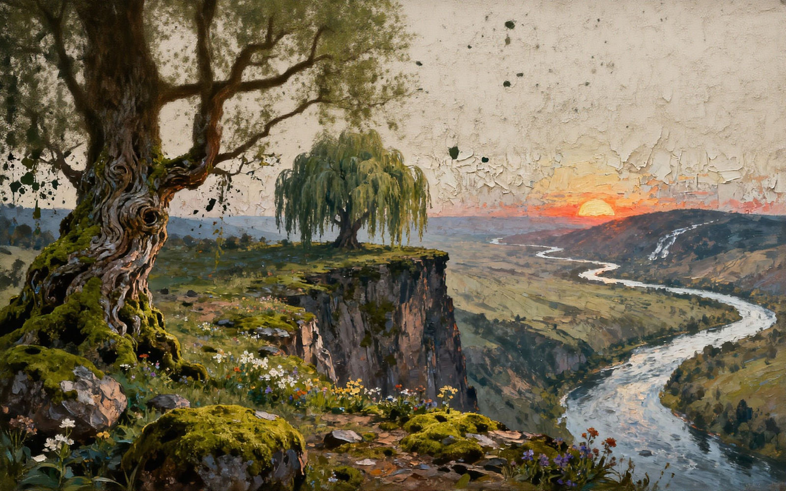 Mossy Cliff Overlooking Sweeping Landscape with Willow Tree