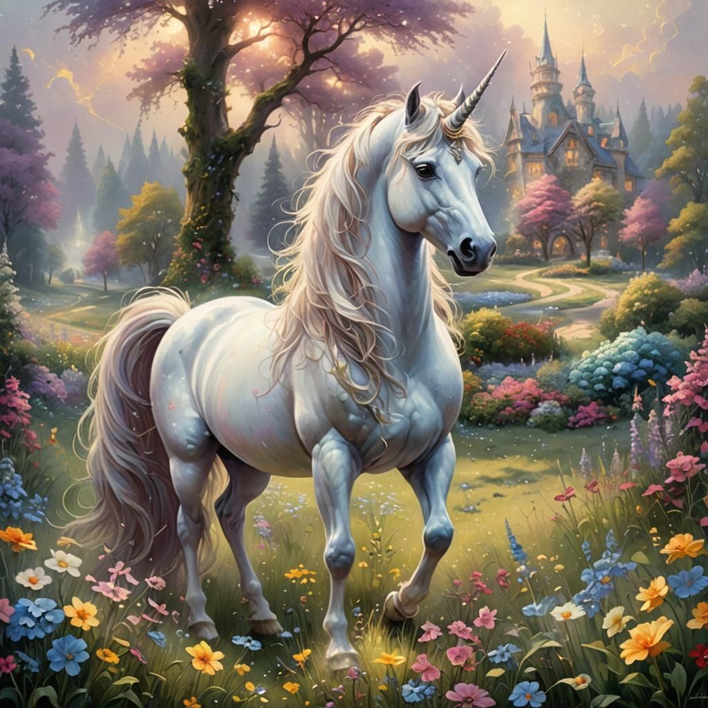 Ethereal Unicorn in Flowery Meadow: Fantasy Art
