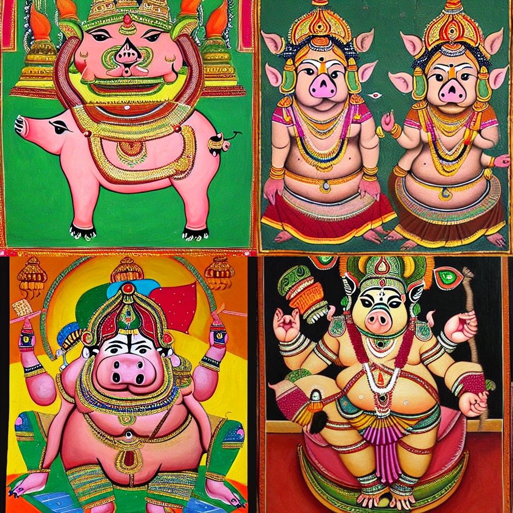 Pig-Shaped Indian Gods in Detailed Painting