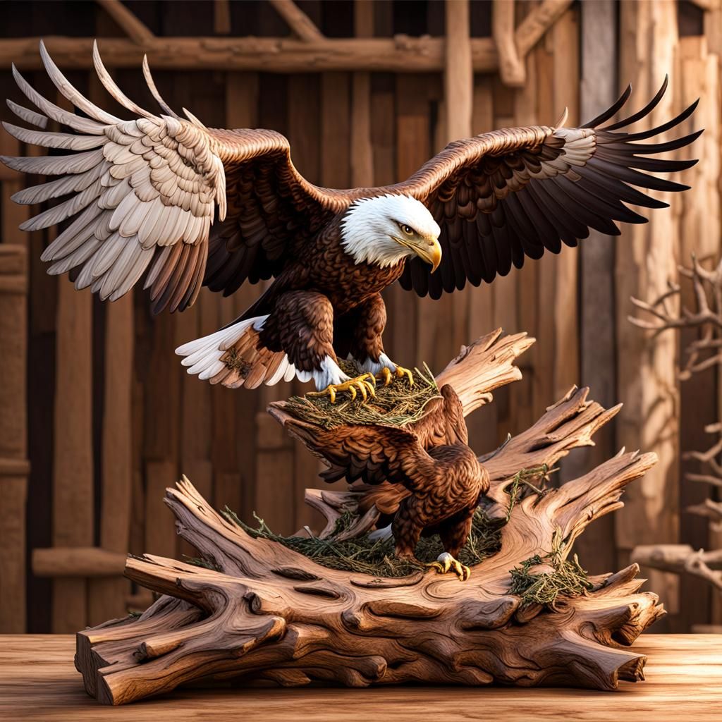 Standing eagle spreads its wings over baby eagle in nest car...