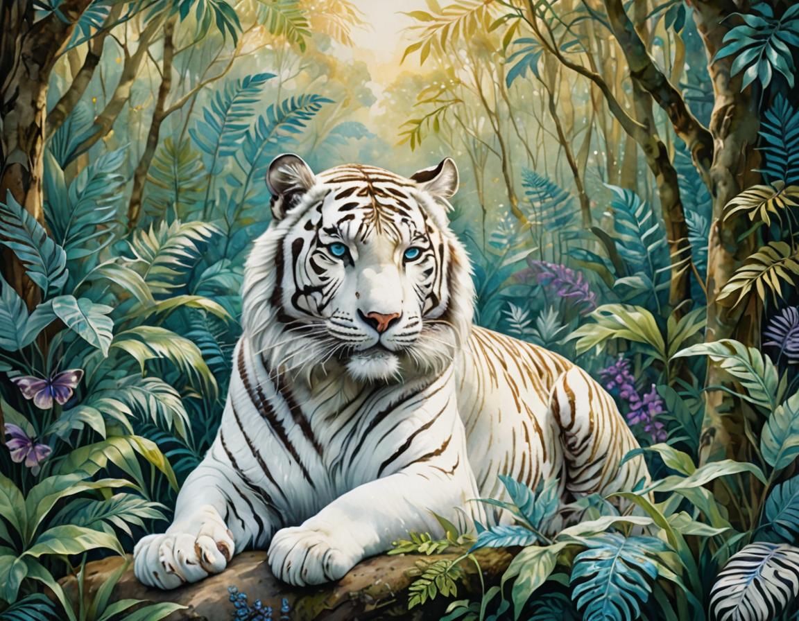 White tiger with pale golden stripes and blue eyes sits amid...