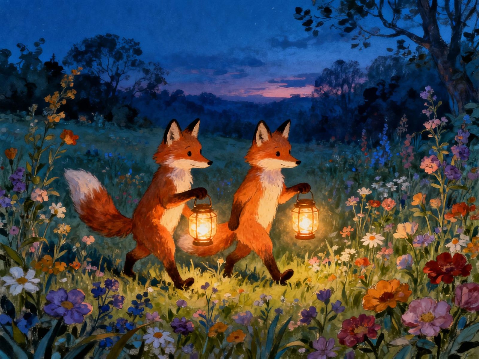 Cute Foxes With Lanterns in Wildflower Meadow at Dusk