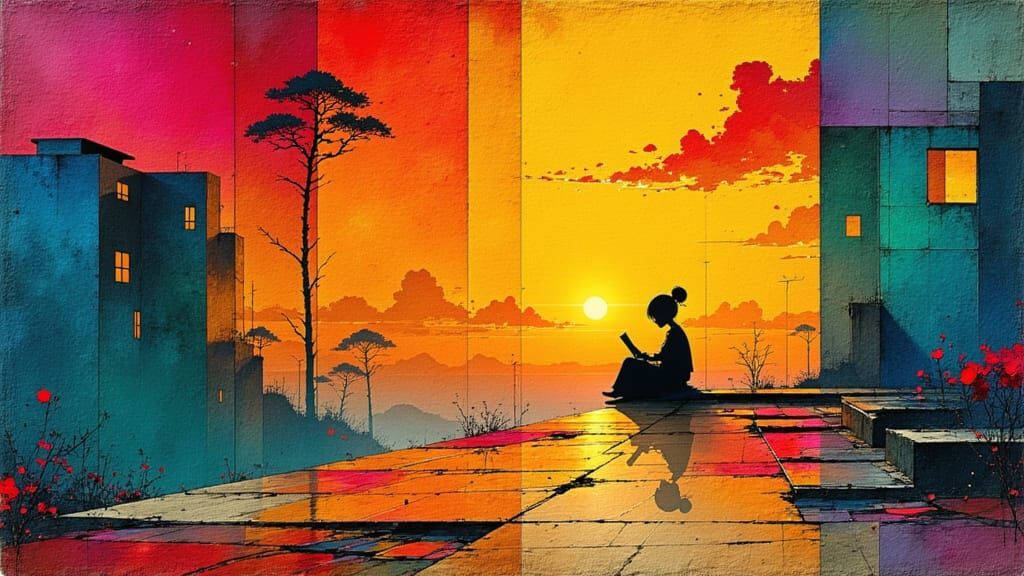 Sunset Reader in Geometric Dreamscape
