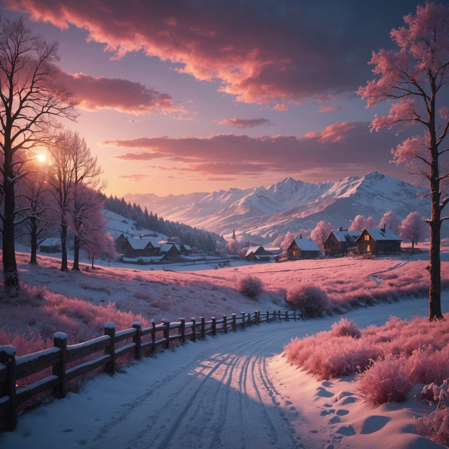 Pink Light Winter Sunset Countryside: Digital Art
