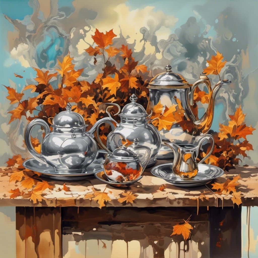 Surreal Melting Teapots and Silver Shoes, Impasto Painting