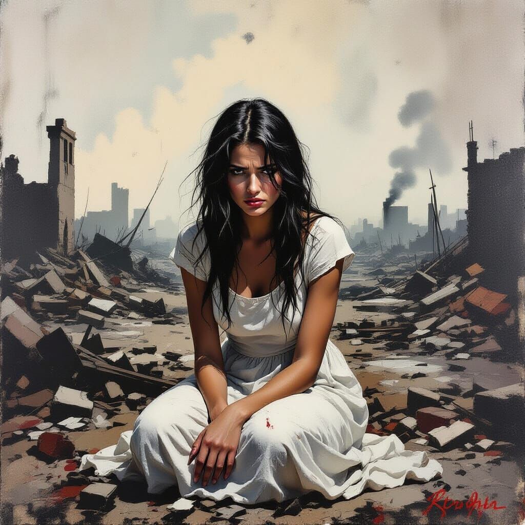 Sorrowful Woman in War-Torn Landscape, Banksy Style