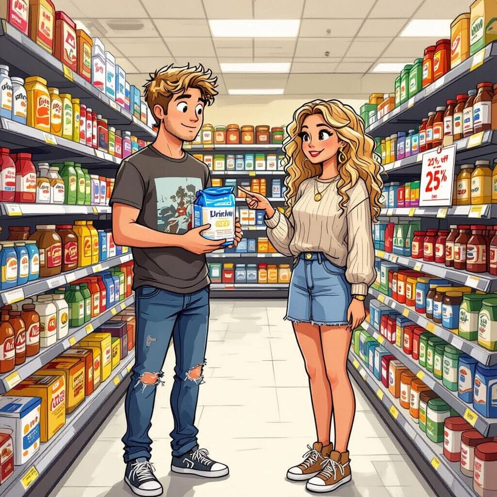 Couple Shops for Groceries in a Supermarket Aisle