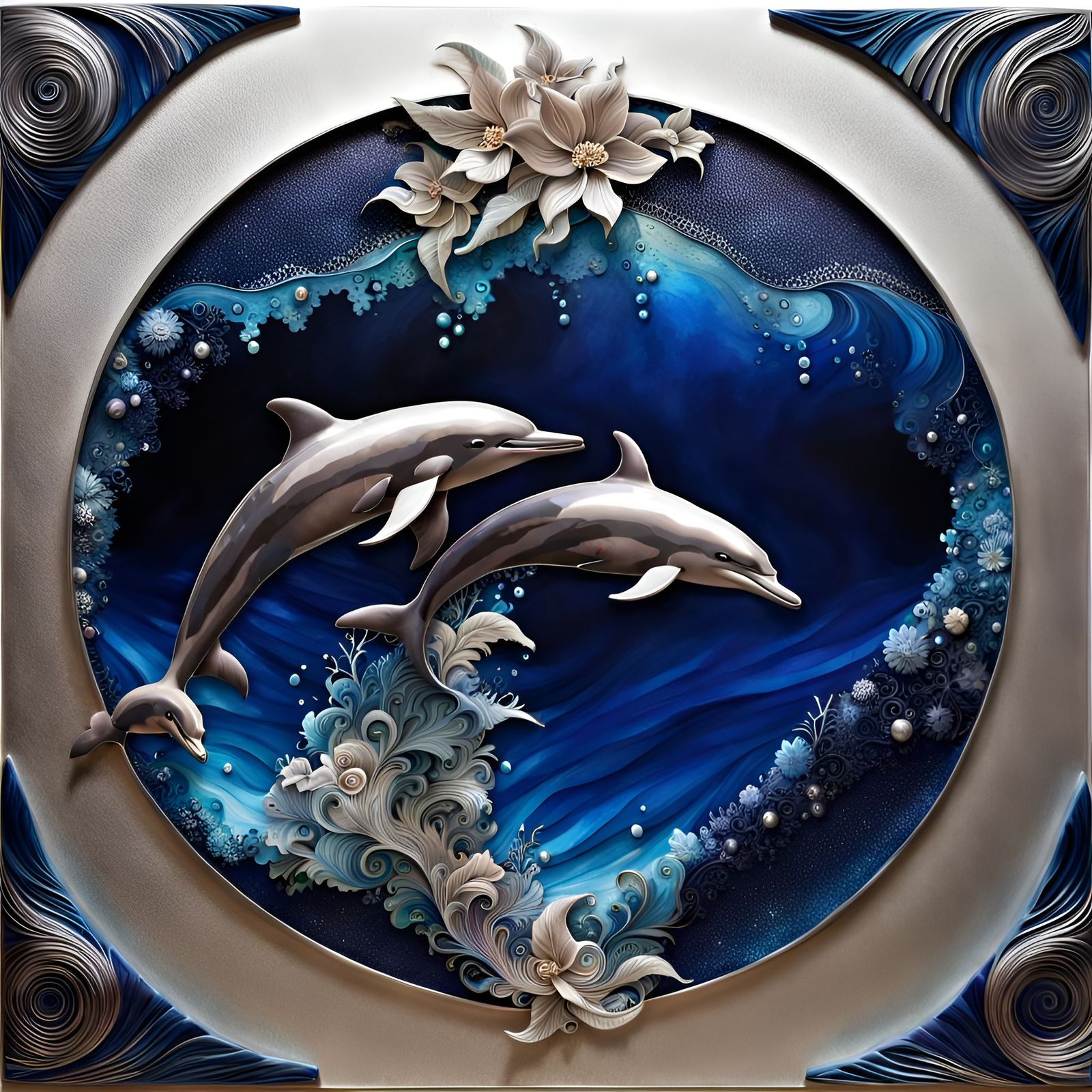 Dolphins Playing in Tsunami Silhouette, Alcohol Ink Art