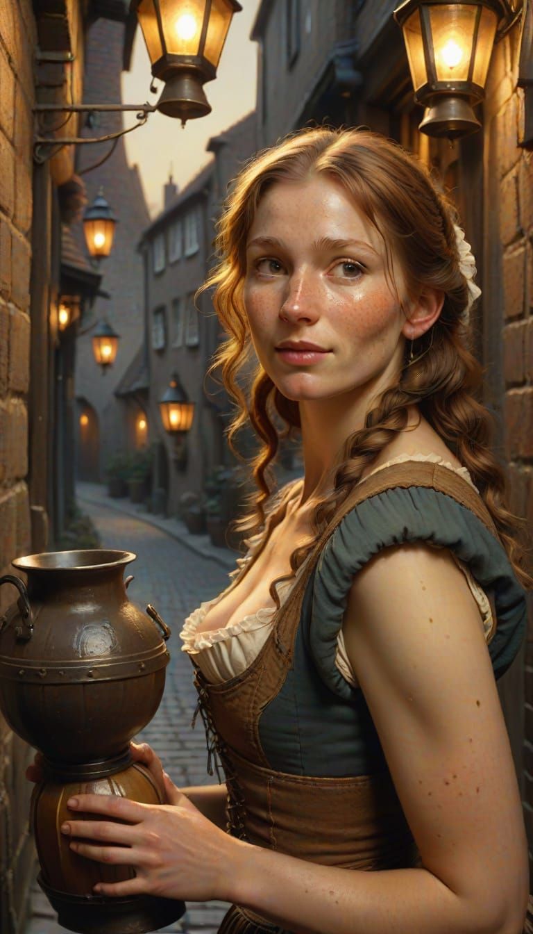 Tavern Wench in Alleyway: Flemish Realism Style